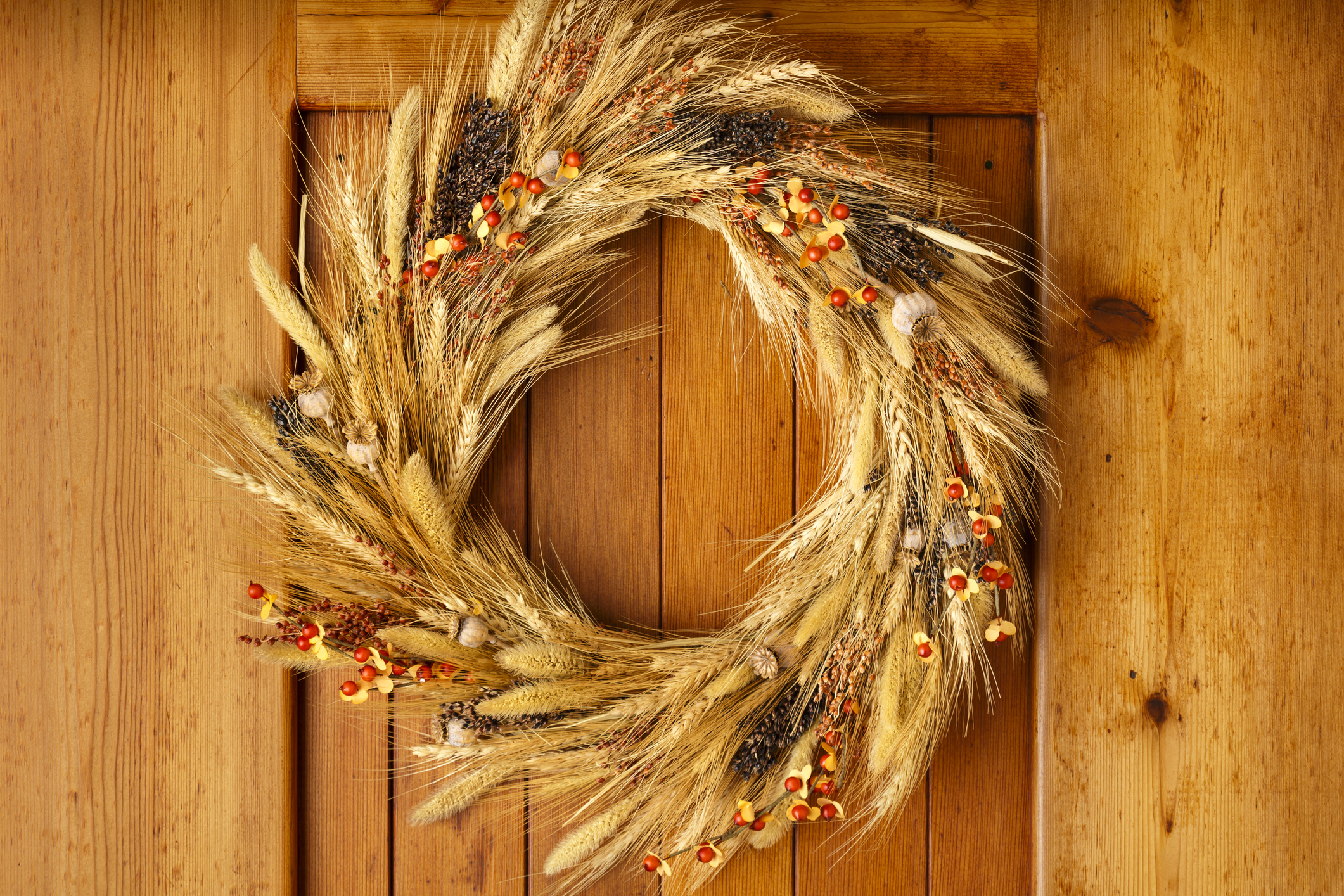 House home front door Fall autumn Thanksgiving decorations country style rustic wreath made of natural botanical materials on wood background