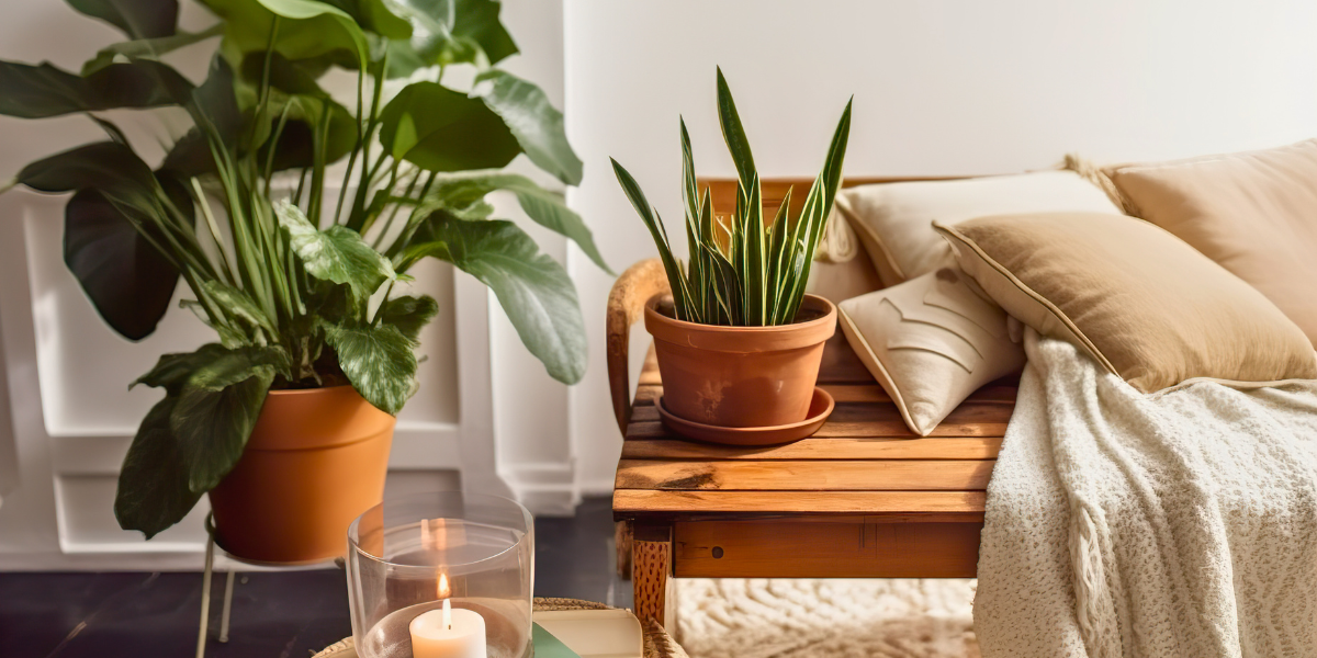 Interior with candles, throws, and indoor plants. 