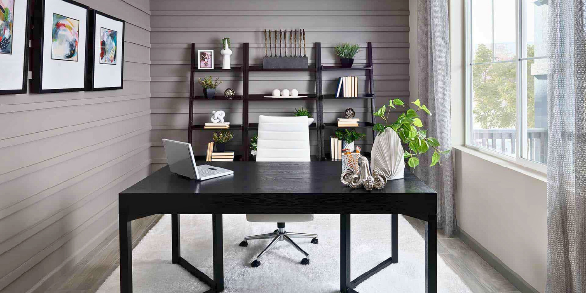 Home office with a view of the neighborhood. 