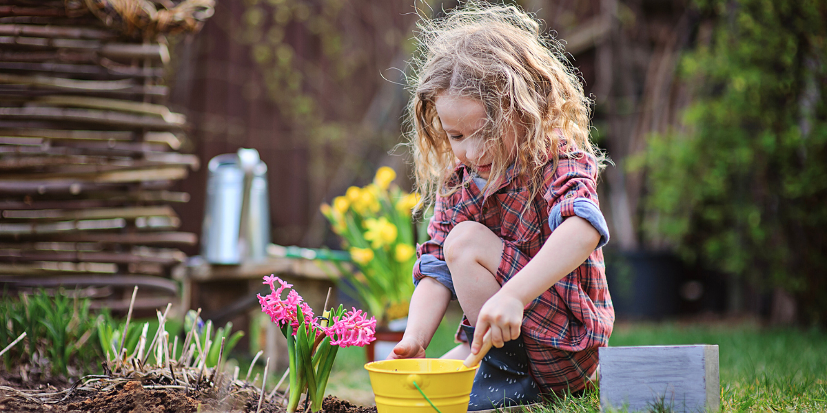Child planting flowers in an outdoor flowerbed. 