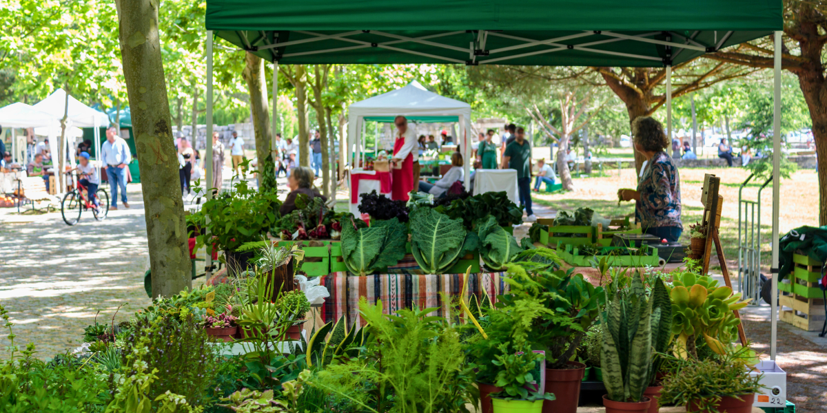 Farmers market booth with lots of fresh goods for sale. 
