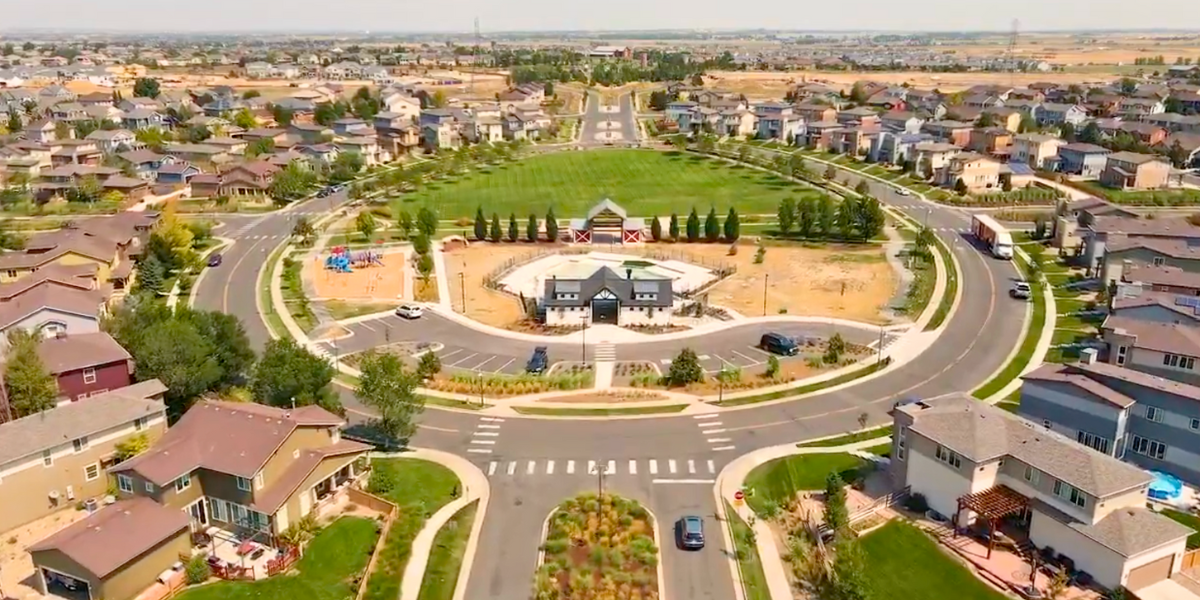 Reunion community of homes from an aerial view. 