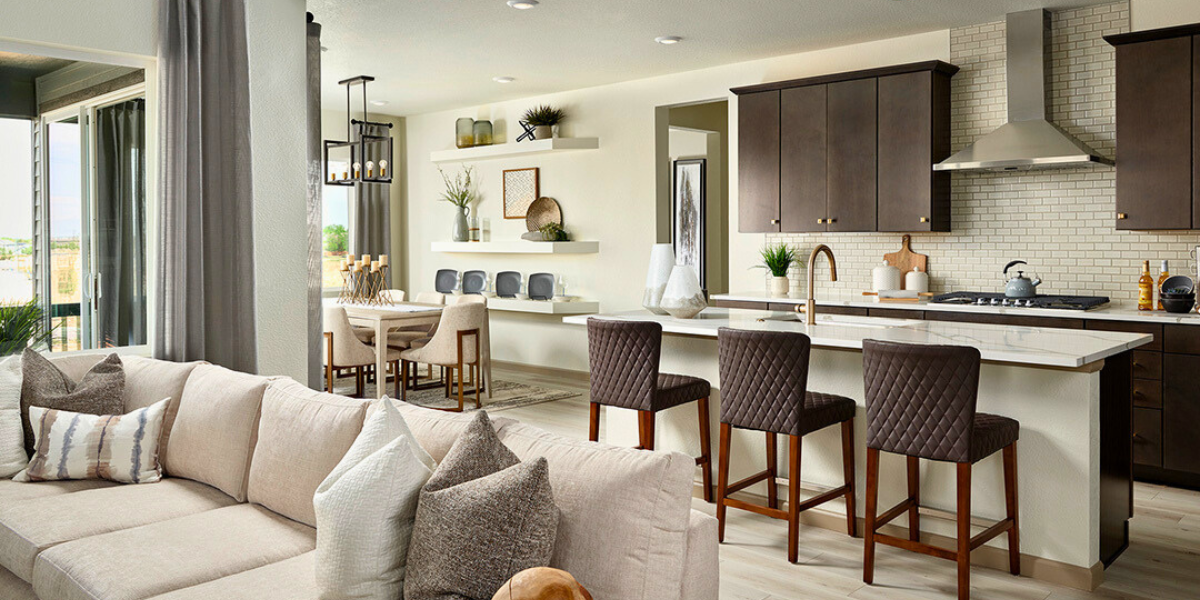 Open-concept living room and kitchen in a Reunion home.