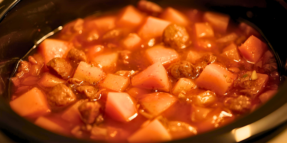 Butternut squash and sausage stew in a slow cooker. 