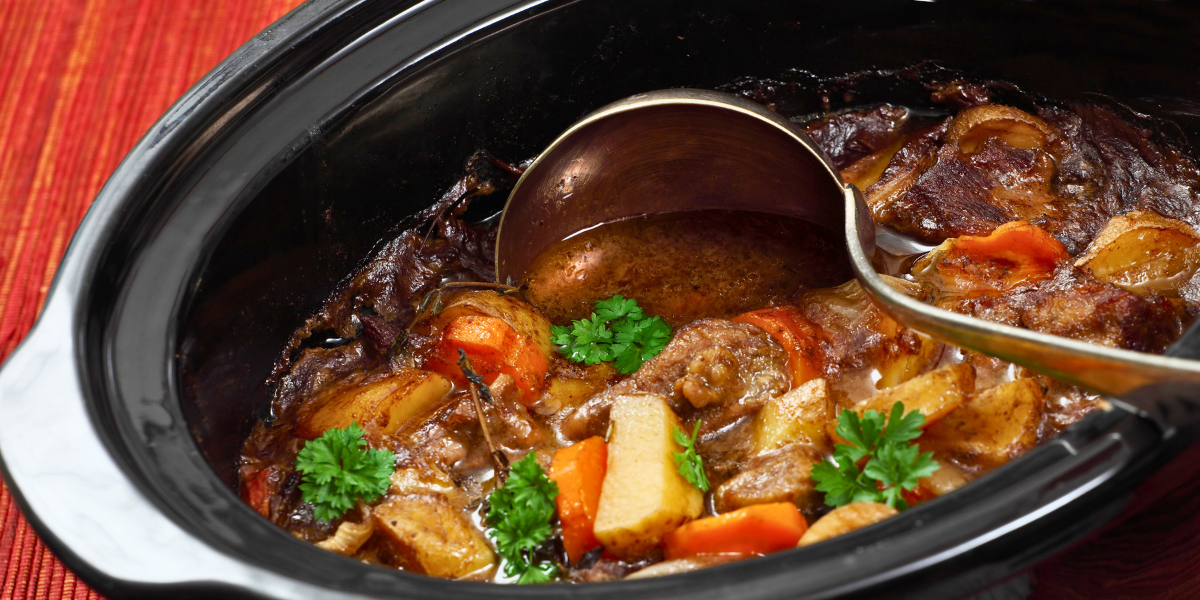 Pot roast in a slow cooker. 