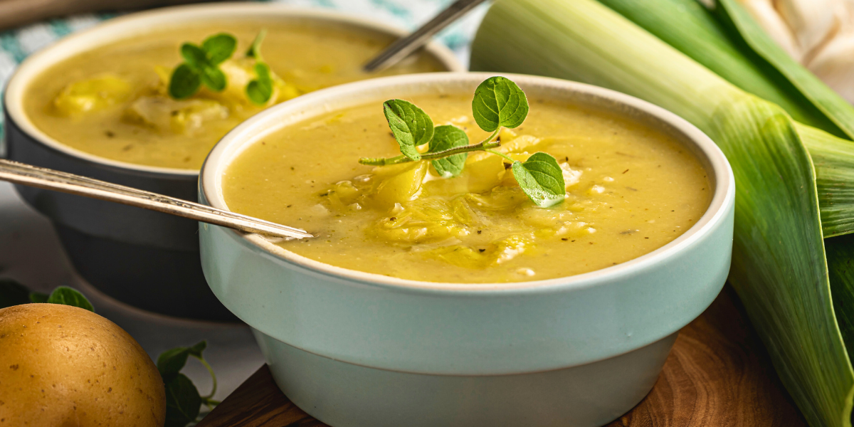 Leek and potato soup in a bowl. 