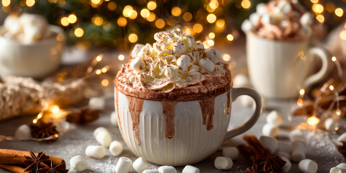 Cup of hot cocoa with marshmallows on top. 