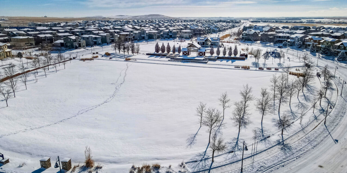 Aerial view of Reunion's master planned community under snow. 