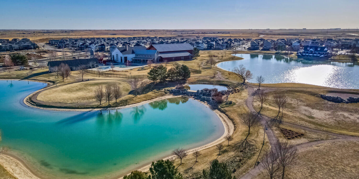 Aerial view of Reunion's lakes and trails. 