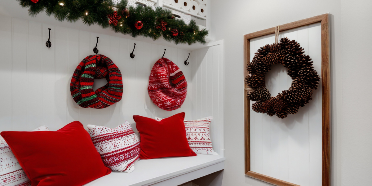 Holiday decorated entryway with a bench.