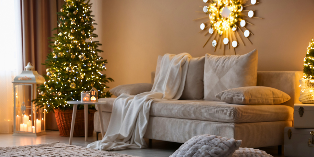 Living room decorated for the holidays. 